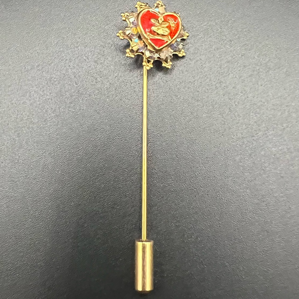 Gold Tone and Red Stick Pin Heart Brooch Button Jewelry Valentine’s Day